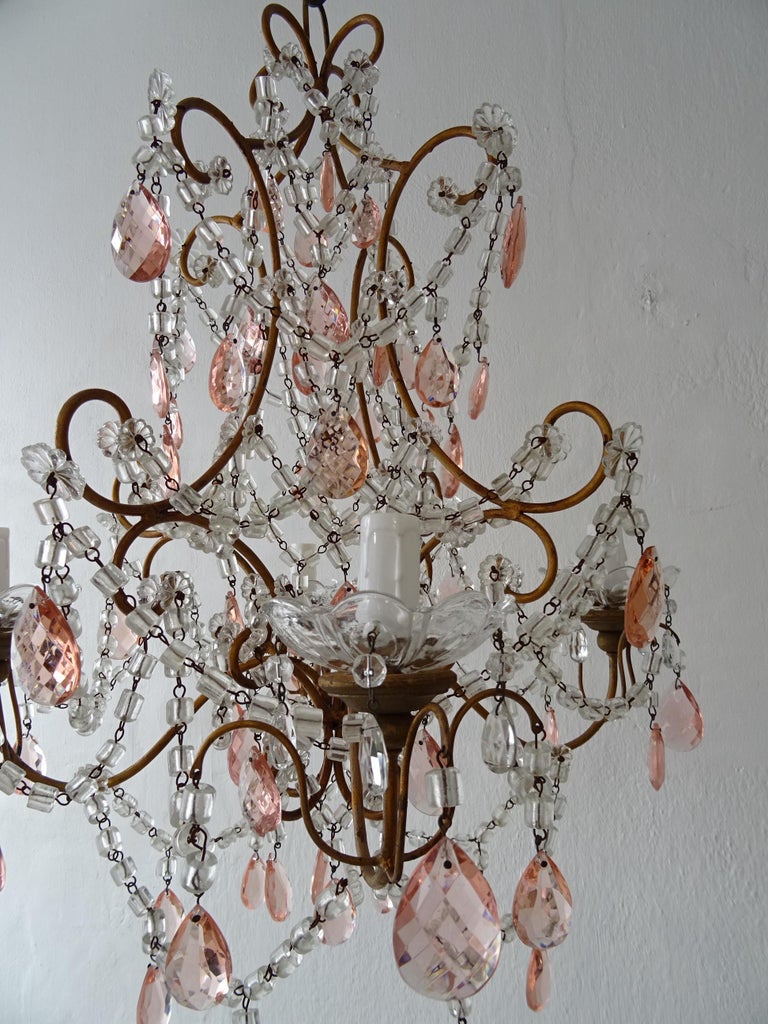 French Pink Crystal Prisms and Swags Giltwood Chandelier, circa 1920