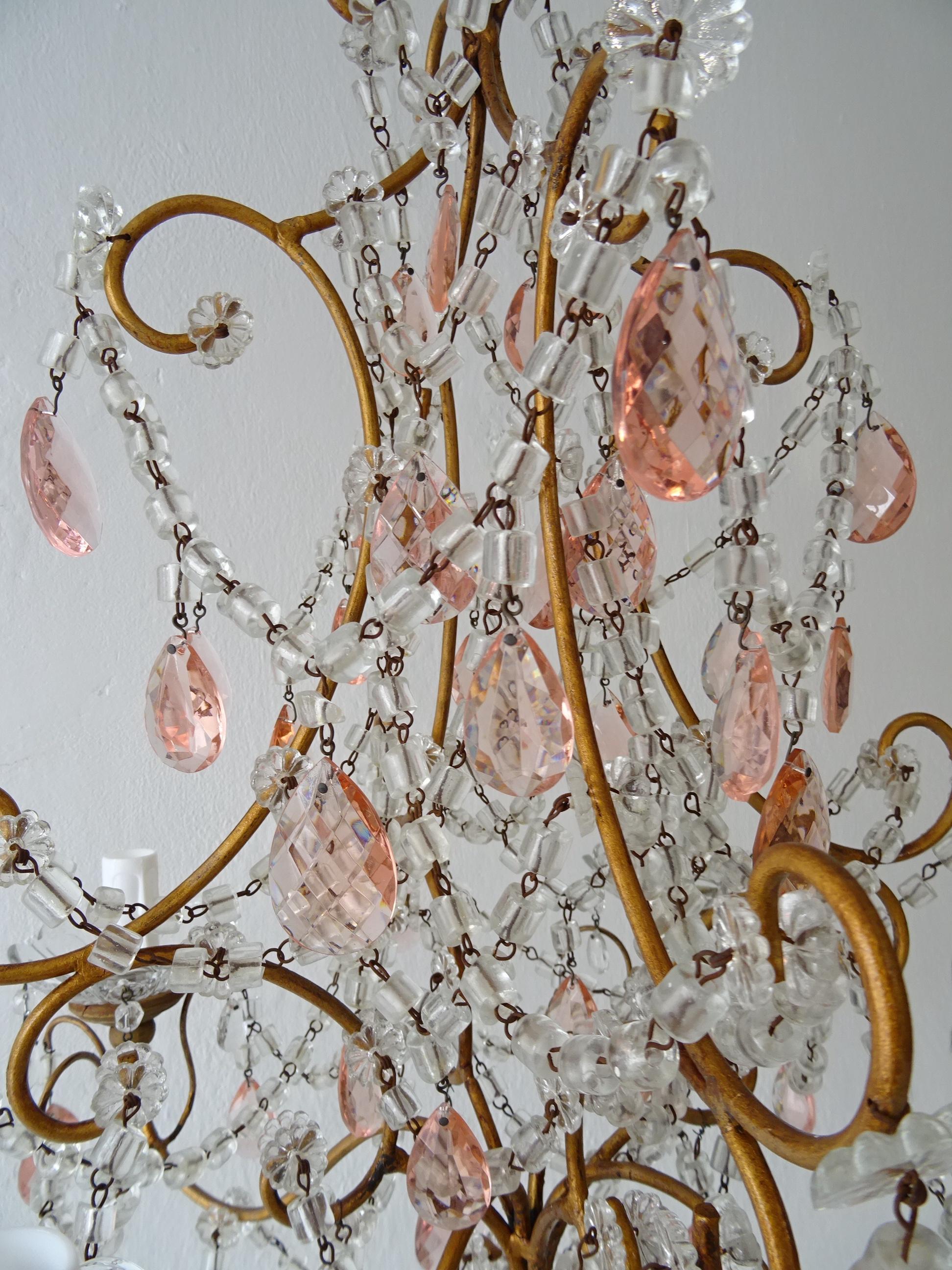 French Pink Crystal Prisms & Swags Giltwood Chandelier, circa 1920 For Sale 3