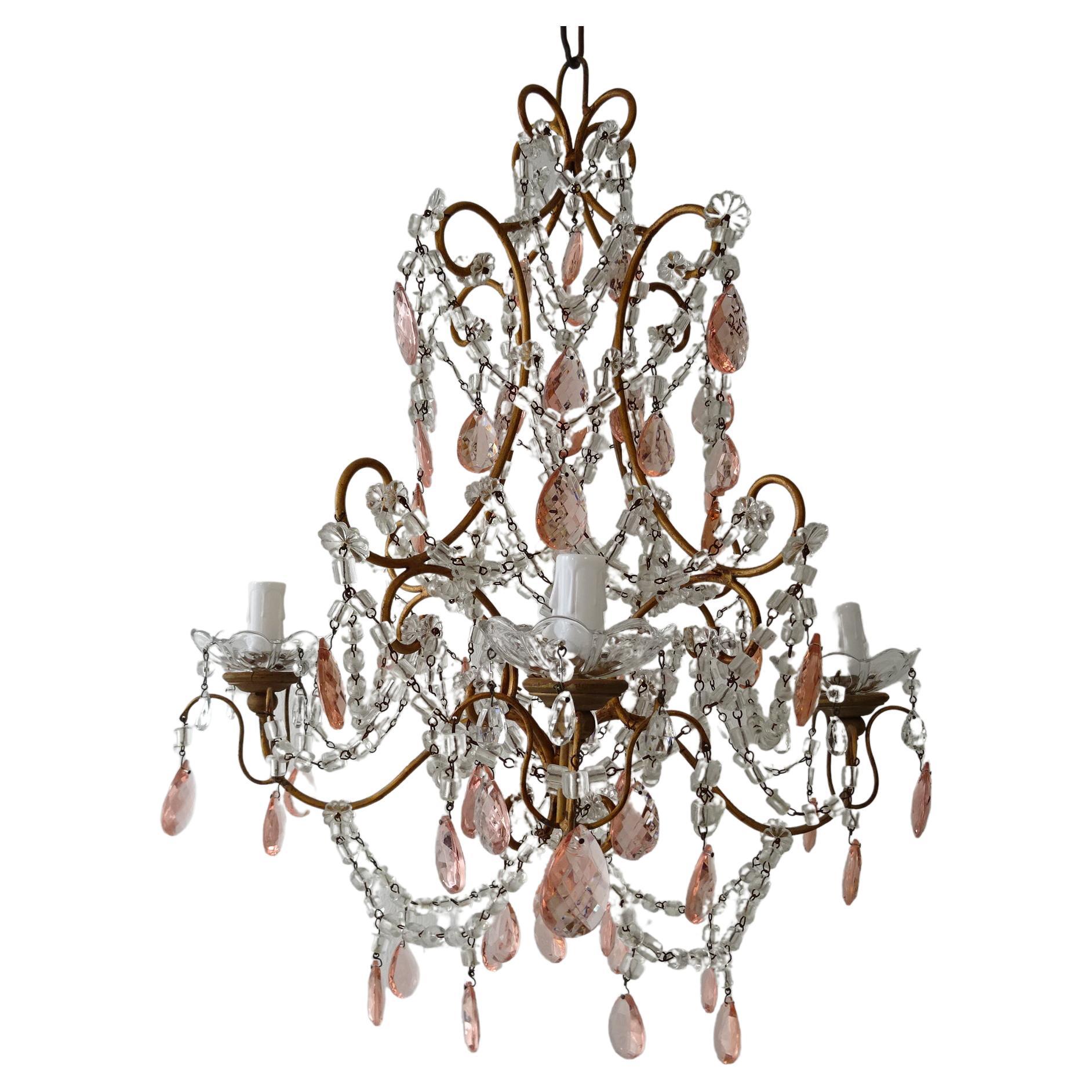 French Pink Crystal Prisms and Swags Giltwood Chandelier, circa 1920