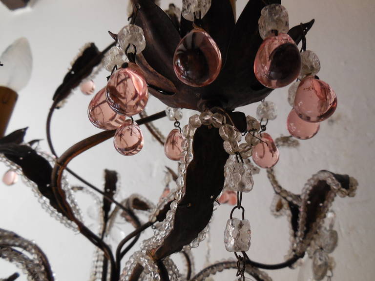 French Pink Drops and Flowers Beaded Tole Chandelier, circa 1940 For Sale 5