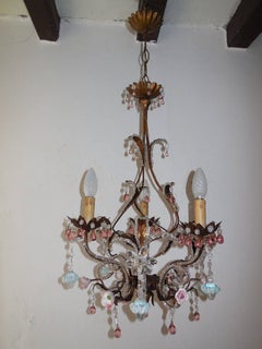 French Pink Drops and Flowers Beaded Tole Chandelier, circa 1940