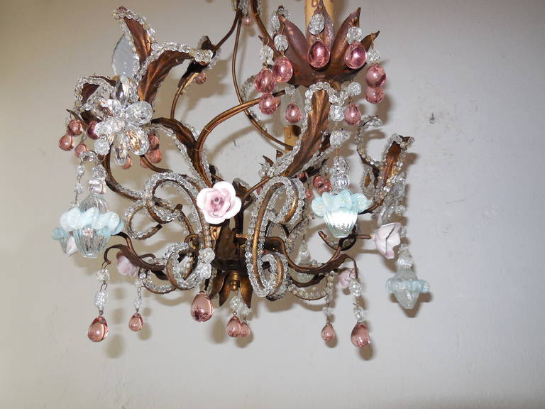 Crystal French Pink Drops and Flowers Beaded Tole Chandelier, circa 1940 For Sale