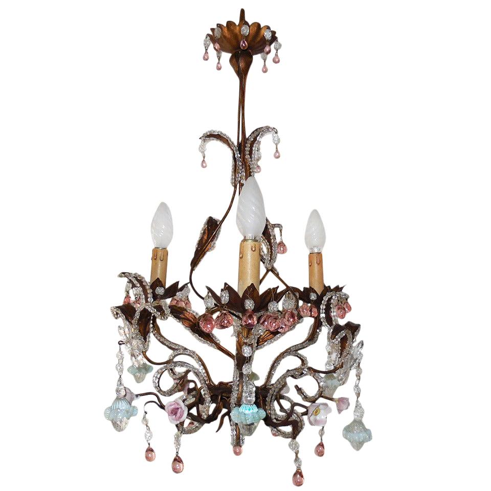 French Pink Drops and Flowers Beaded Tole Chandelier, circa 1940