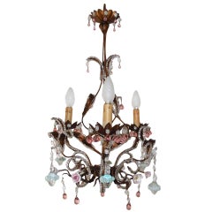 Vintage French Pink Drops and Flowers Beaded Tole Chandelier, circa 1940