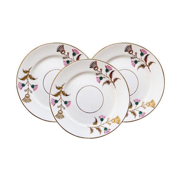 French Pink Green and Gold Ceramic Saucers, Set of 3