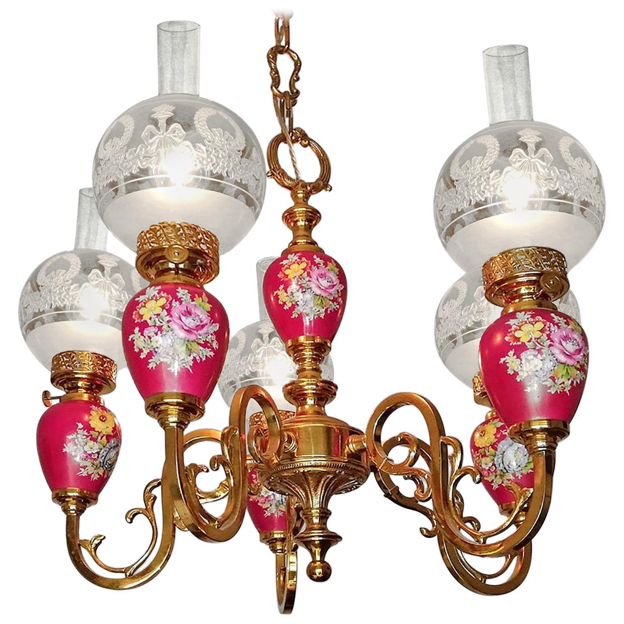 French Pink Hand Painted Porcelain Gilt Brass and Etched Glass Oil Lamp