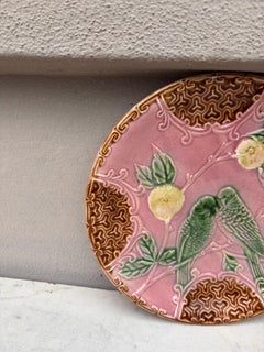 French Pink Majolica Parakeets Plate Salins, circa 1890