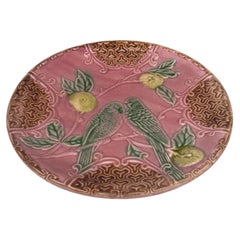 French Pink Majolica Parakeets Plate Salins, circa 1890