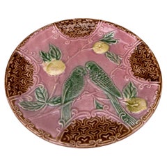 French Pink Majolica Parakeets Plate Salins, circa 1890