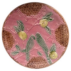 French Pink Majolica Parakeets Plate Salins, circa 1890
