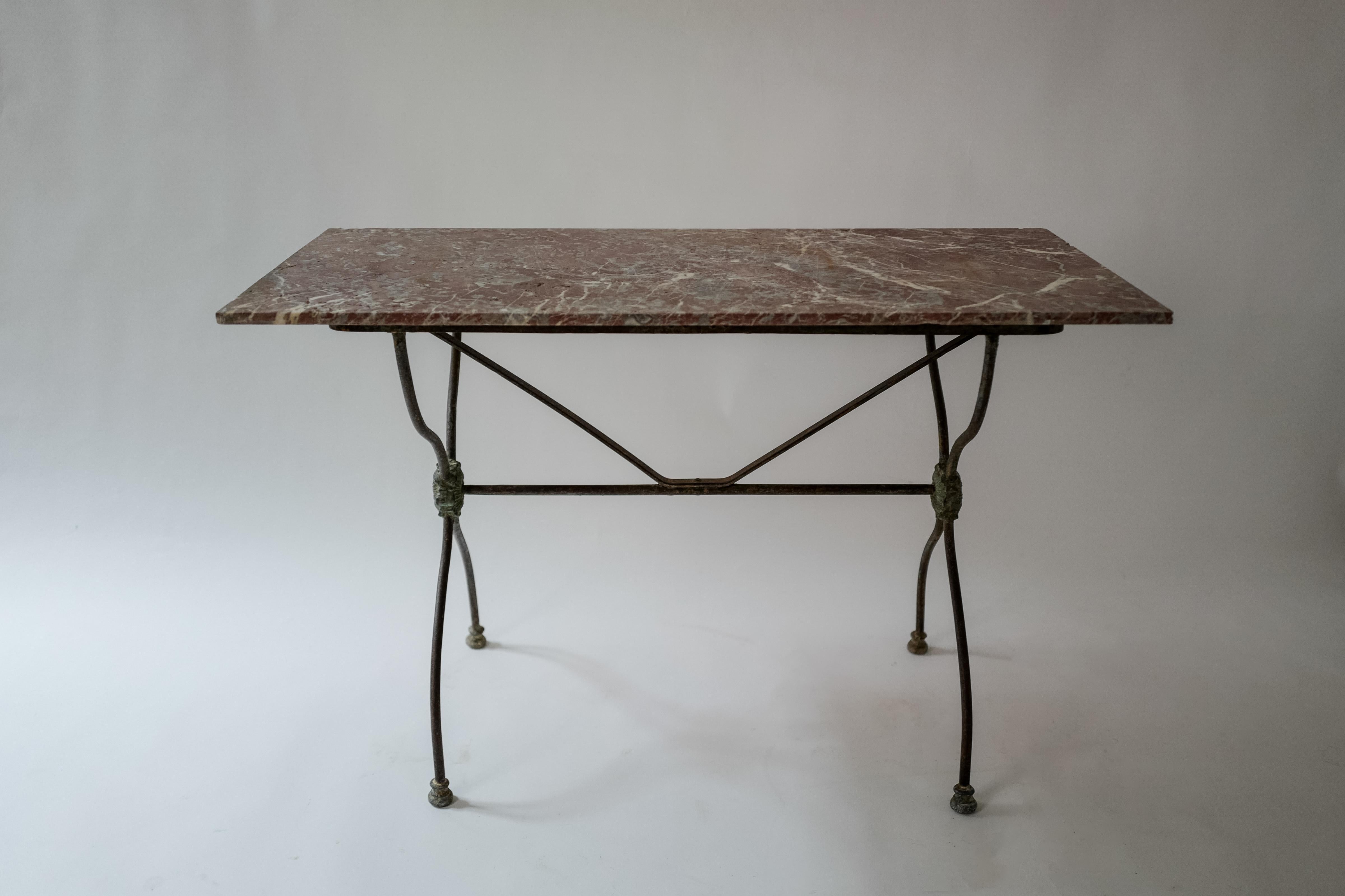 French Pink Marble and Iron garden console table  For Sale 4