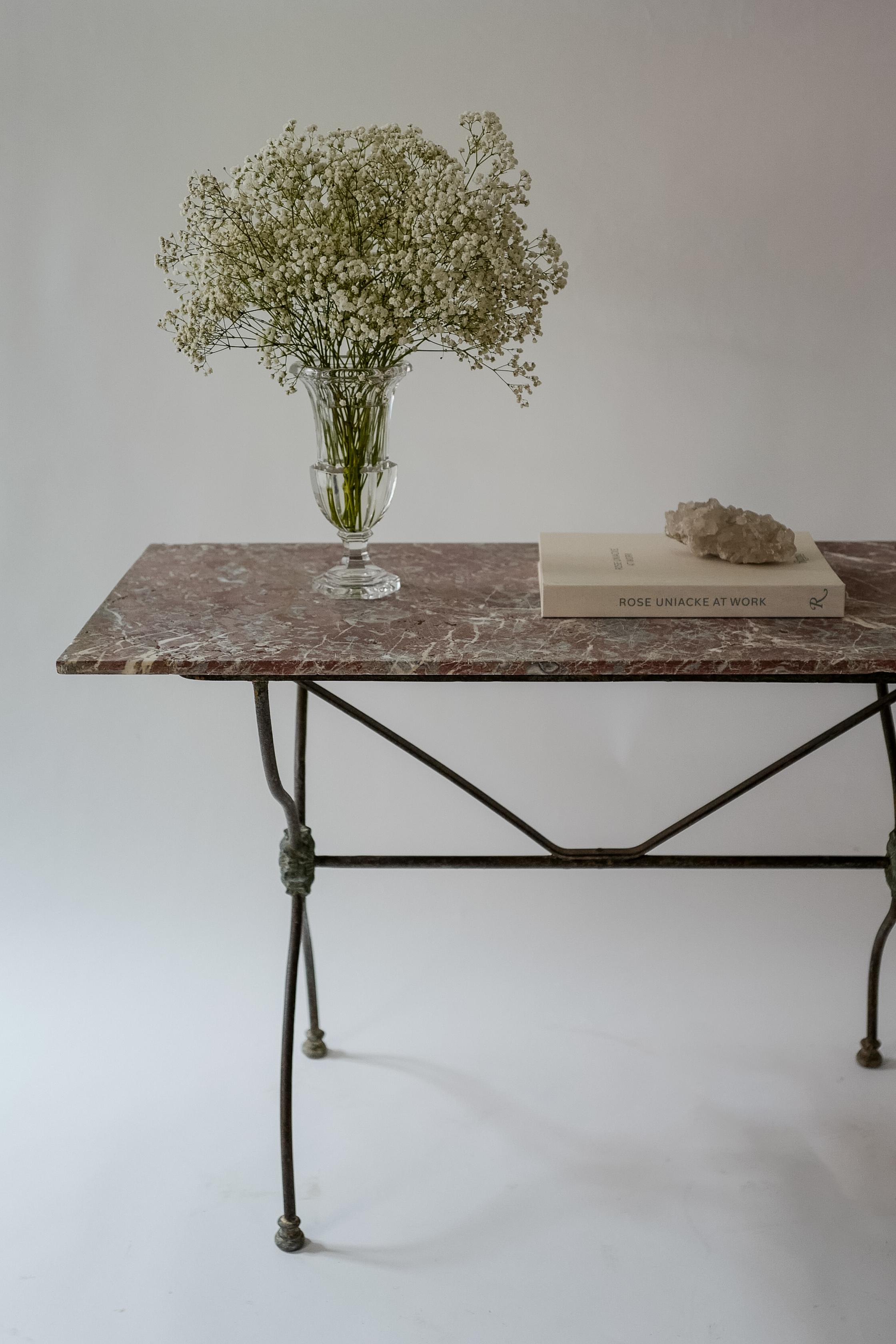 French Pink Marble and Iron garden console table  For Sale 2