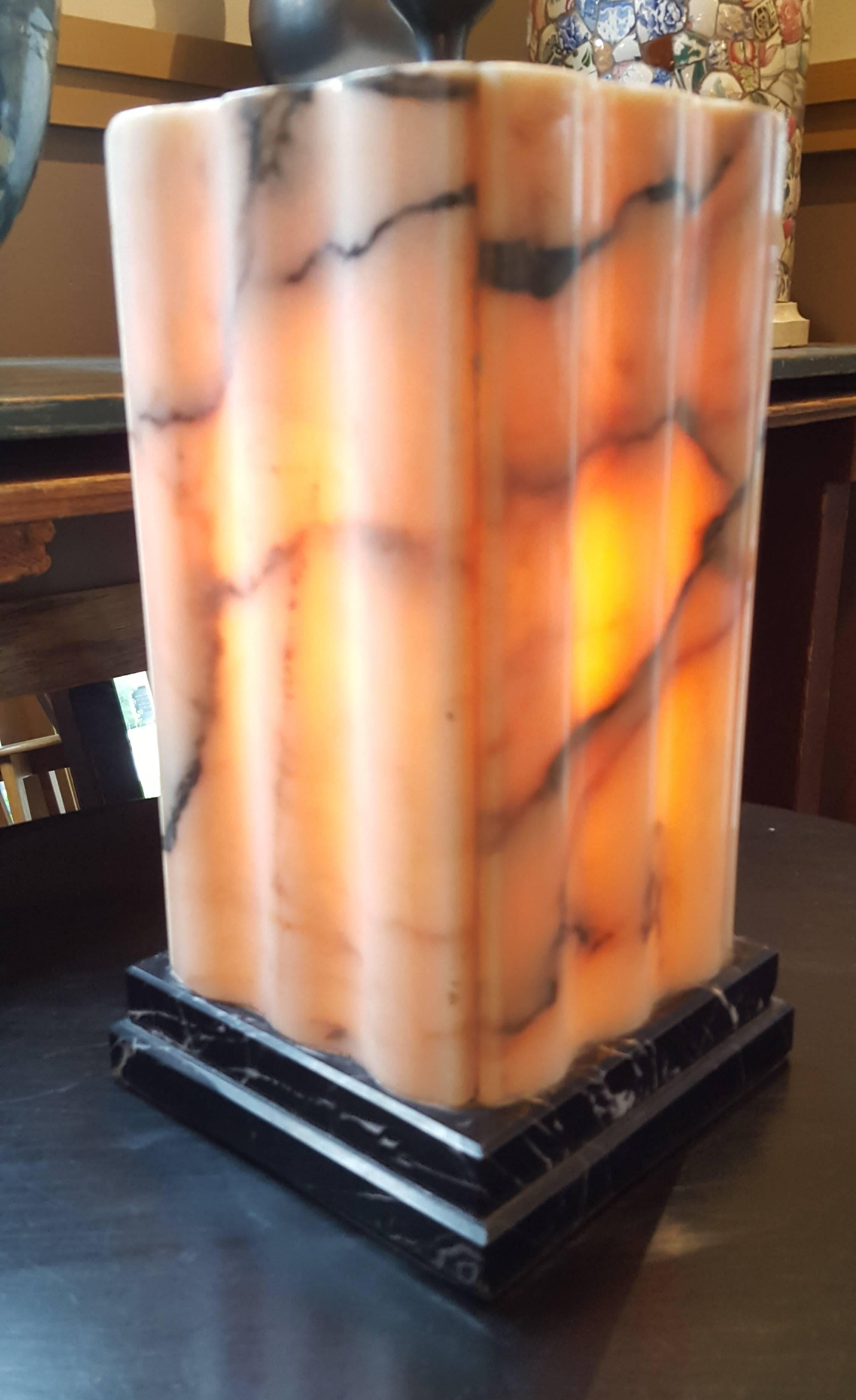 Hand-Carved Pink Marble Art Deco Lamp 