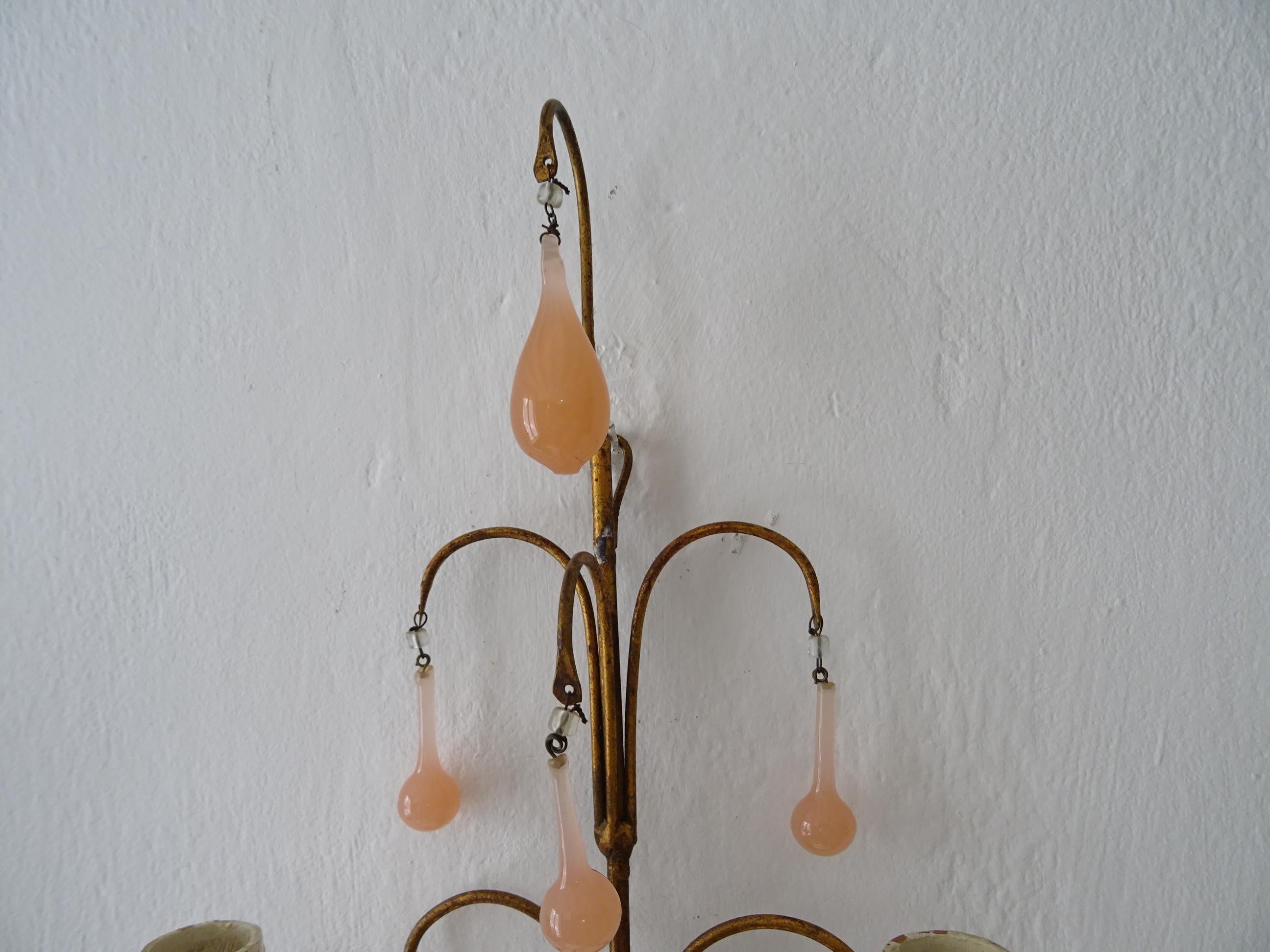 Early 20th Century French Pink Opaline Drops & Bobéches Sconces, circa 1920 For Sale