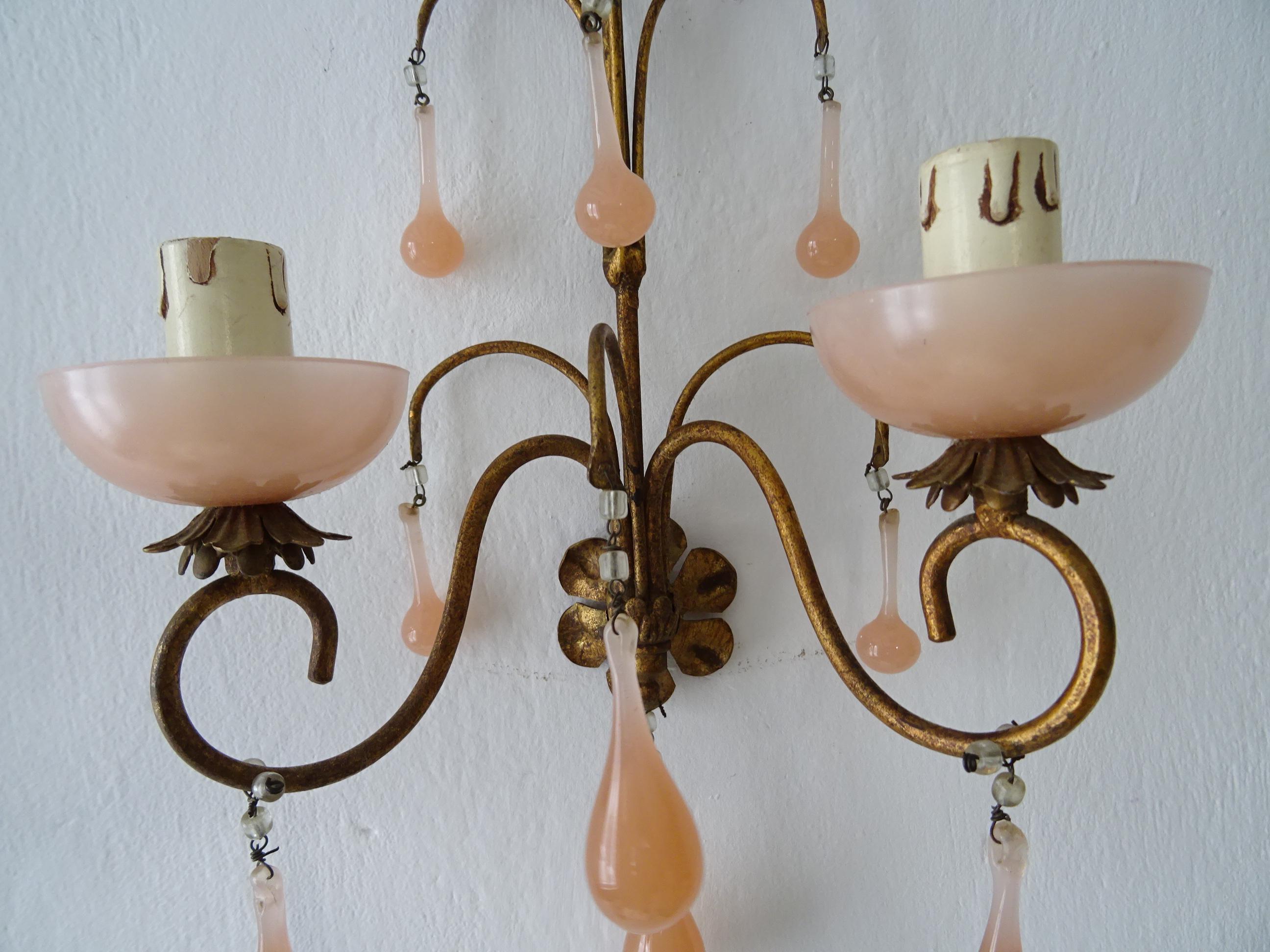 Murano Glass French Pink Opaline Drops & Bobéches Sconces, circa 1920 For Sale