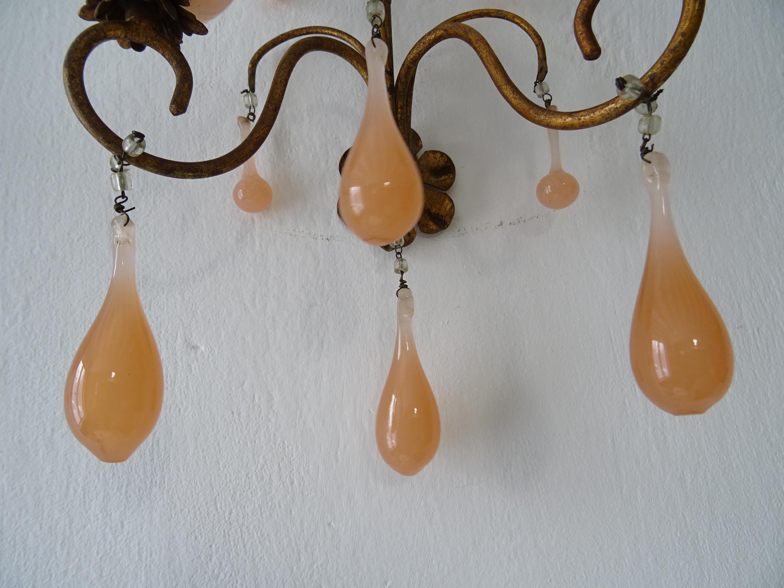 French Pink Opaline Drops & Bobéches Sconces, circa 1920 For Sale 3