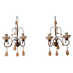 French Pink Opaline Drops & Bobéches Sconces, circa 1920