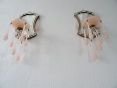 French Pink Opaline Drops Mirror Murano Glass Sconces circa 1920