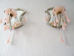 French Pink Opaline Drops Mirror Murano Glass Sconces, circa 1920