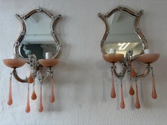 French Pink Opaline Drops Mirror Murano Glass Sconces, circa 1920