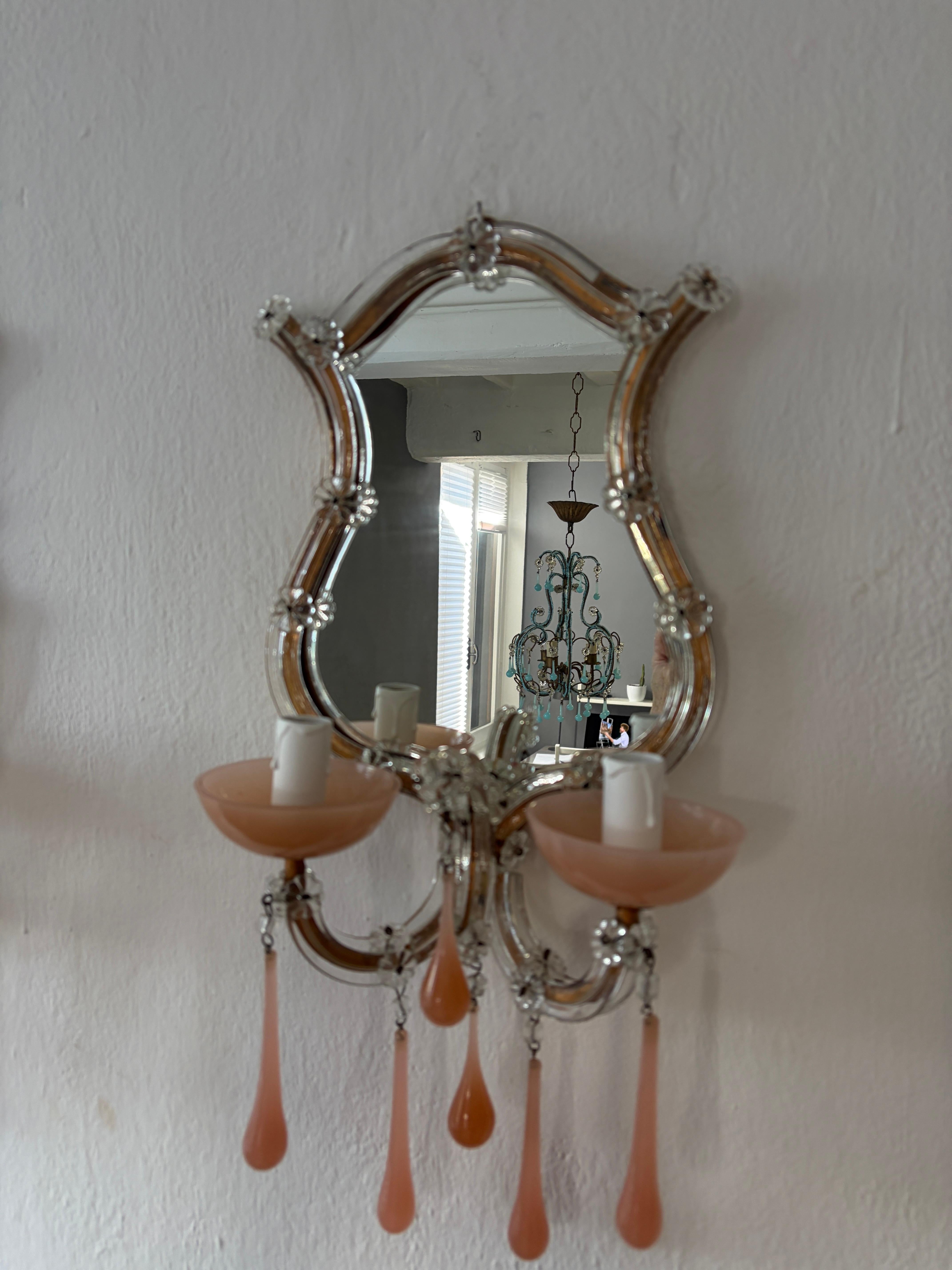 Applique francesi in vetro di Murano con gocce opaline rosa, circa 1920 in vendita 1