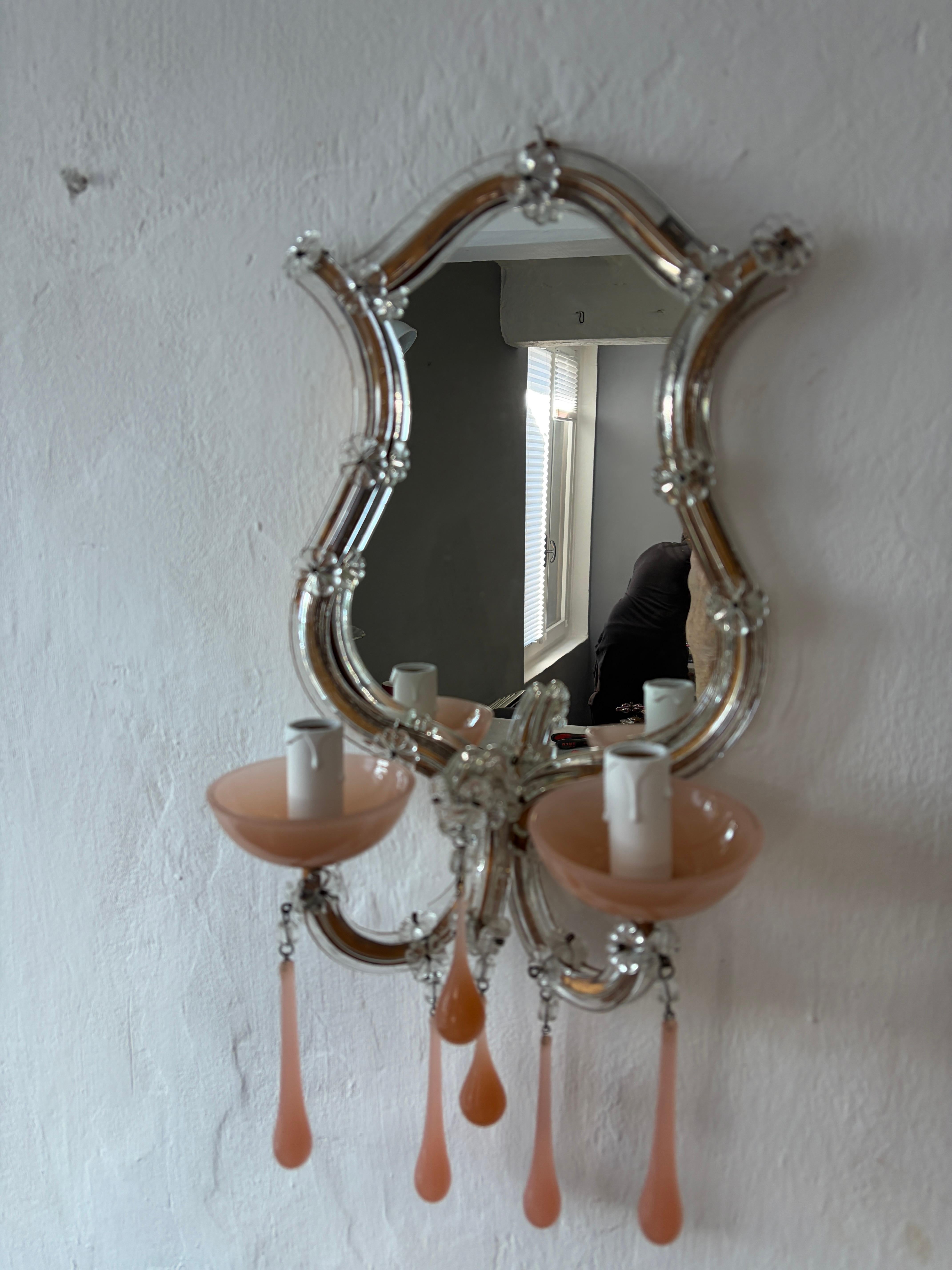Applique francesi in vetro di Murano con gocce opaline rosa, circa 1920 in vendita 2