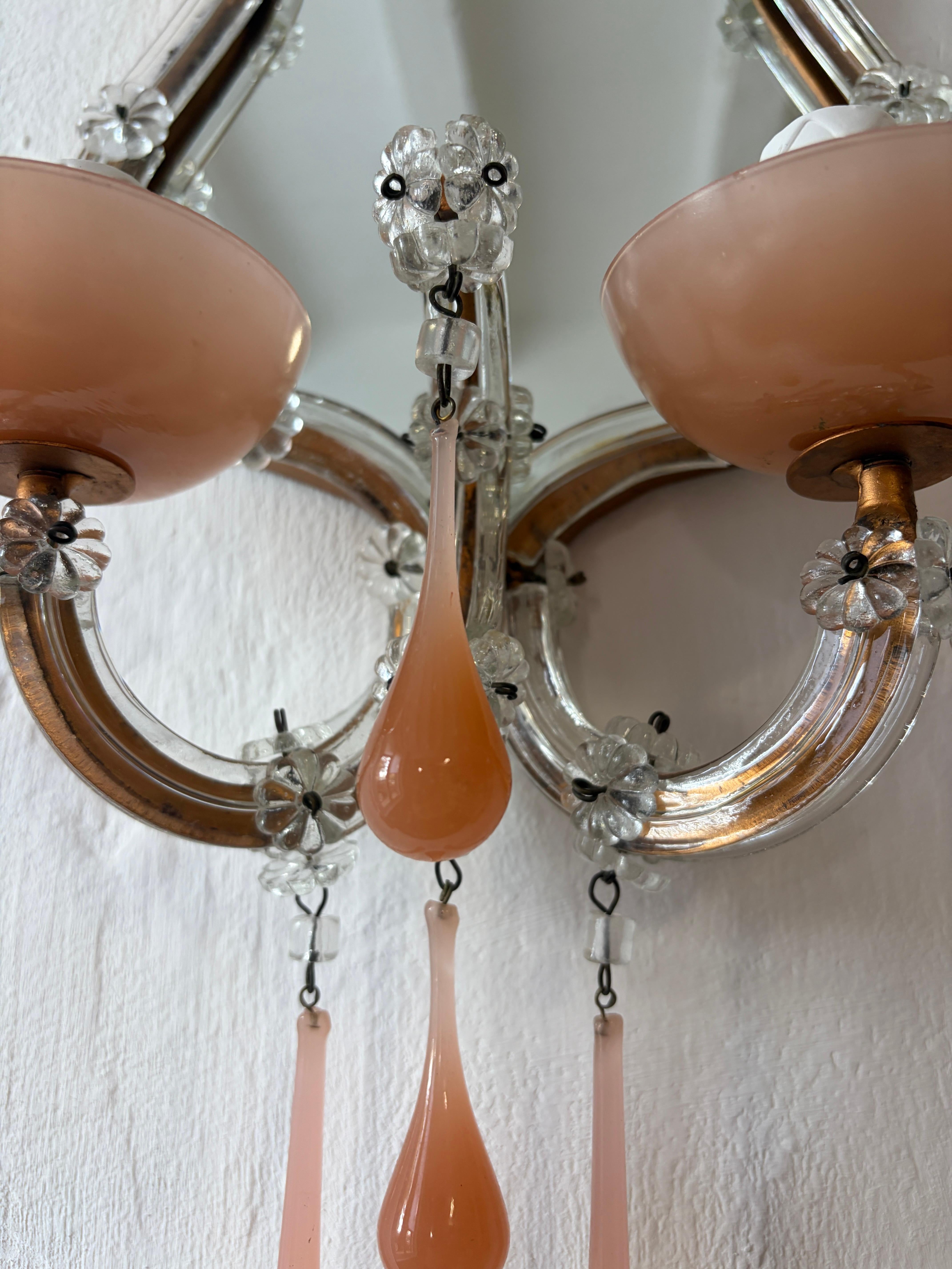 Applique francesi in vetro di Murano con gocce opaline rosa, circa 1920 in vendita 3