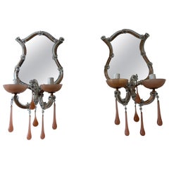 Applique francesi in vetro di Murano con gocce opaline rosa, circa 1920