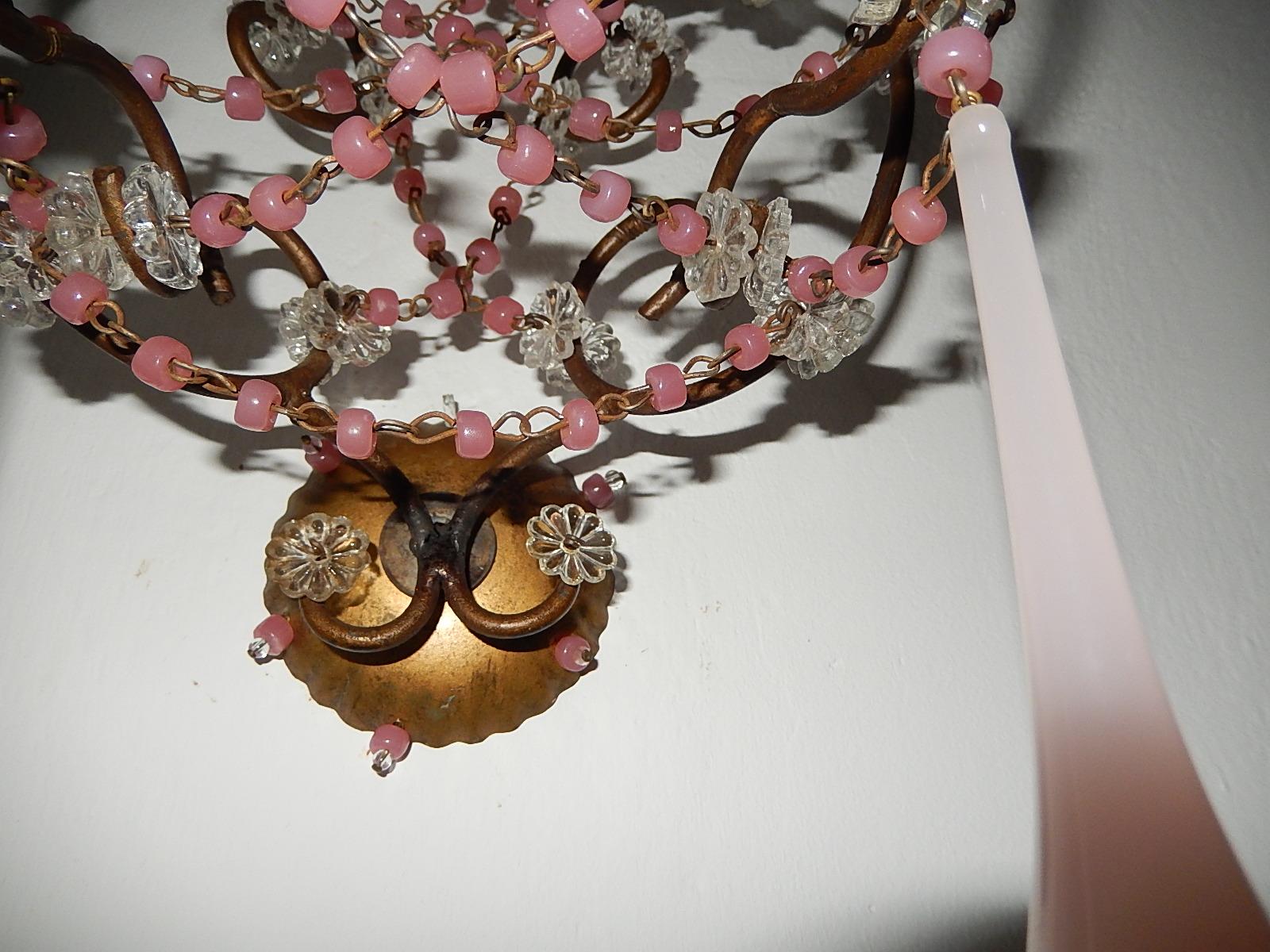 French Pink Opaline Drops with Beads and Crystal Sconces For Sale 6