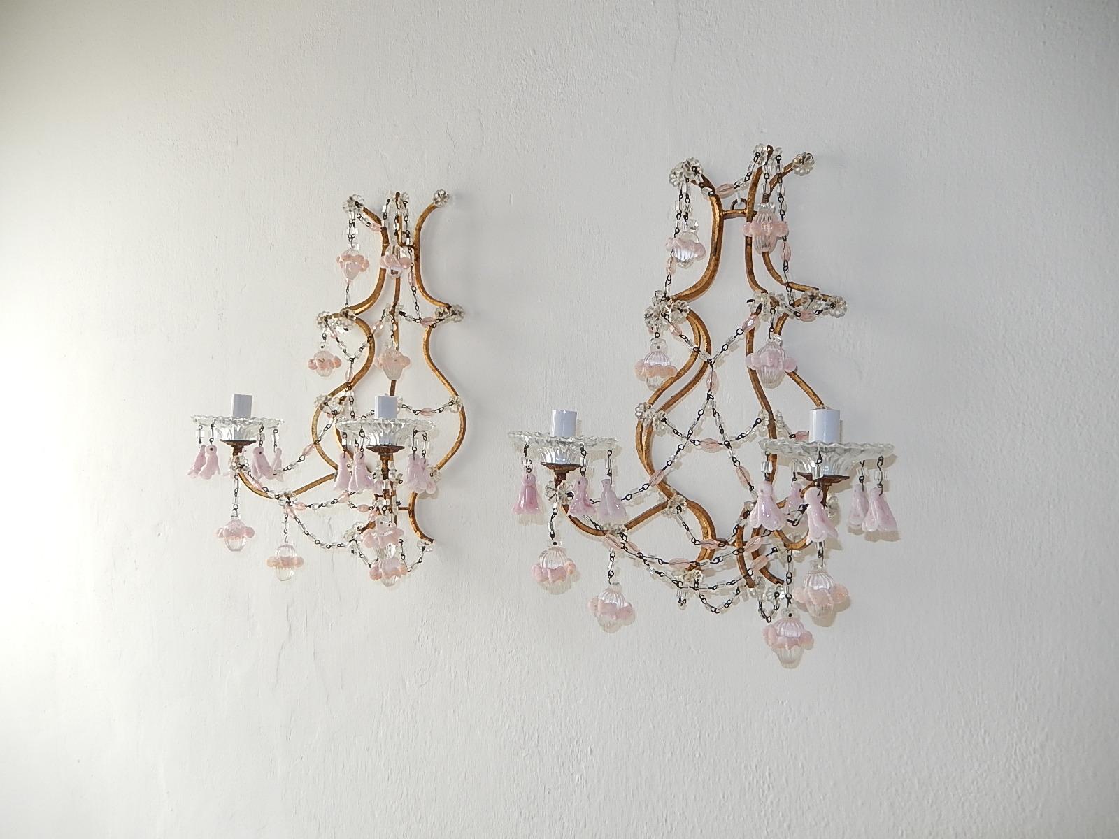 French Pink Opaline Drops with Beads and Crystal Sconces 6