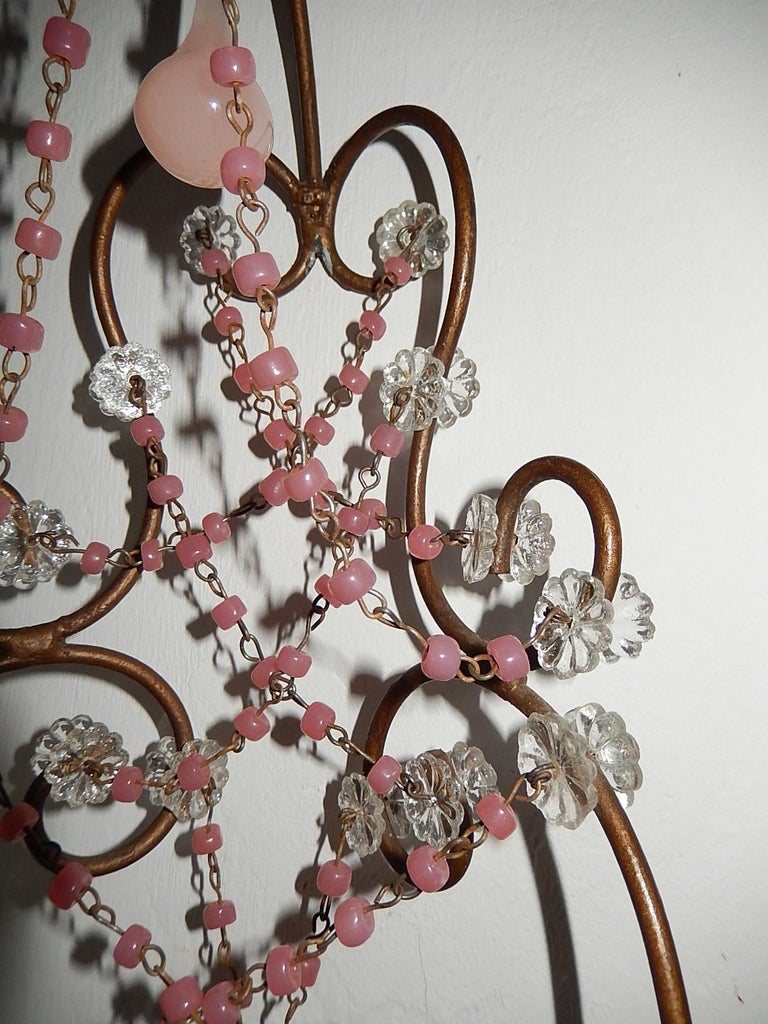 French Pink Opaline Drops with Beads and Crystal Sconces For Sale 7