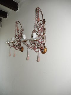 French Pink Opaline Drops with Beads and Crystal Sconces