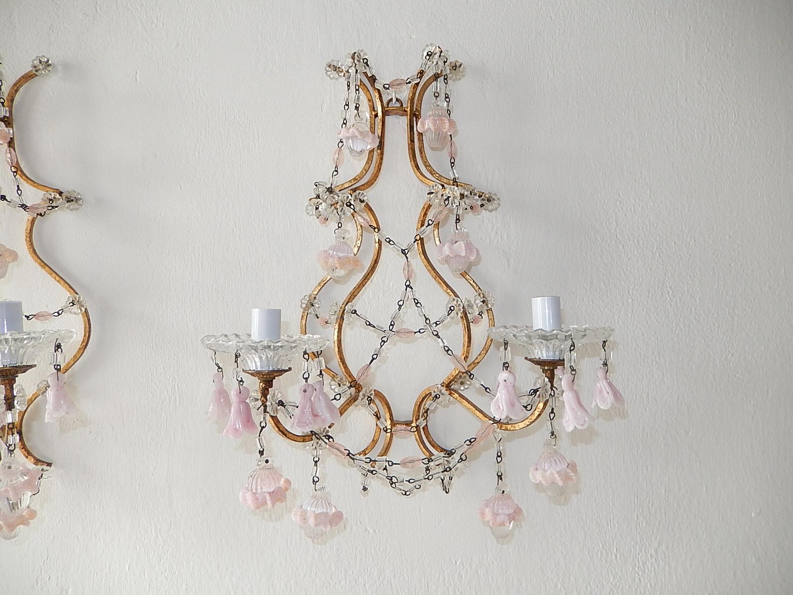 French Pink Opaline Drops with Beads and Crystal Sconces In Good Condition In Modena (MO), Modena (Mo)