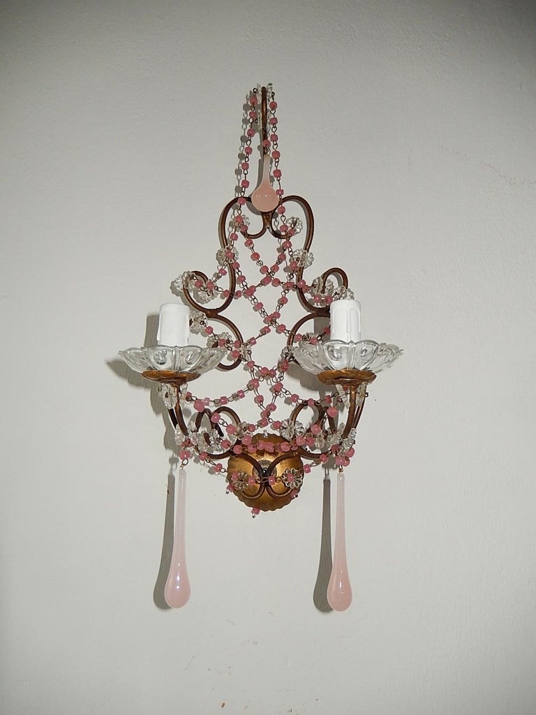Early 20th Century French Pink Opaline Drops with Beads and Crystal Sconces For Sale