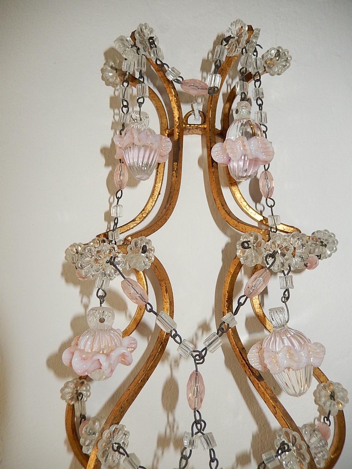 Early 20th Century French Pink Opaline Drops with Beads and Crystal Sconces
