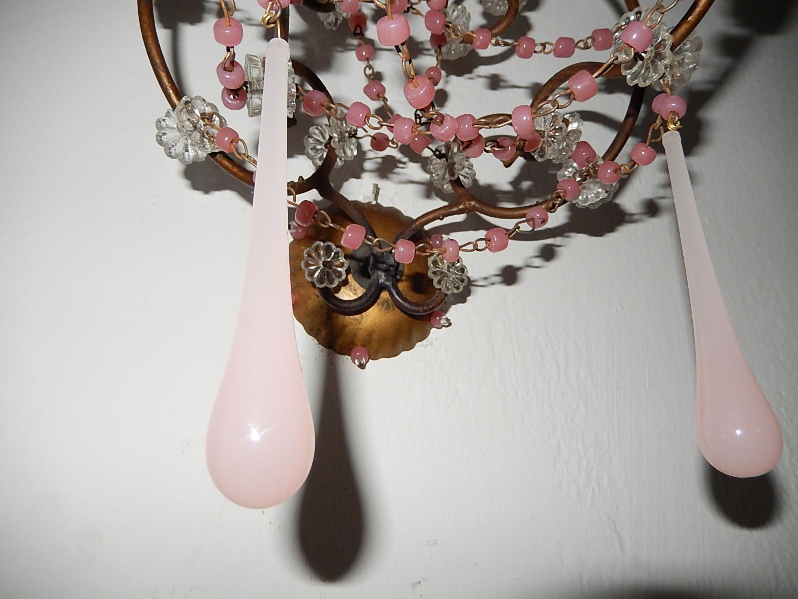 French Pink Opaline Drops with Beads and Crystal Sconces For Sale 1