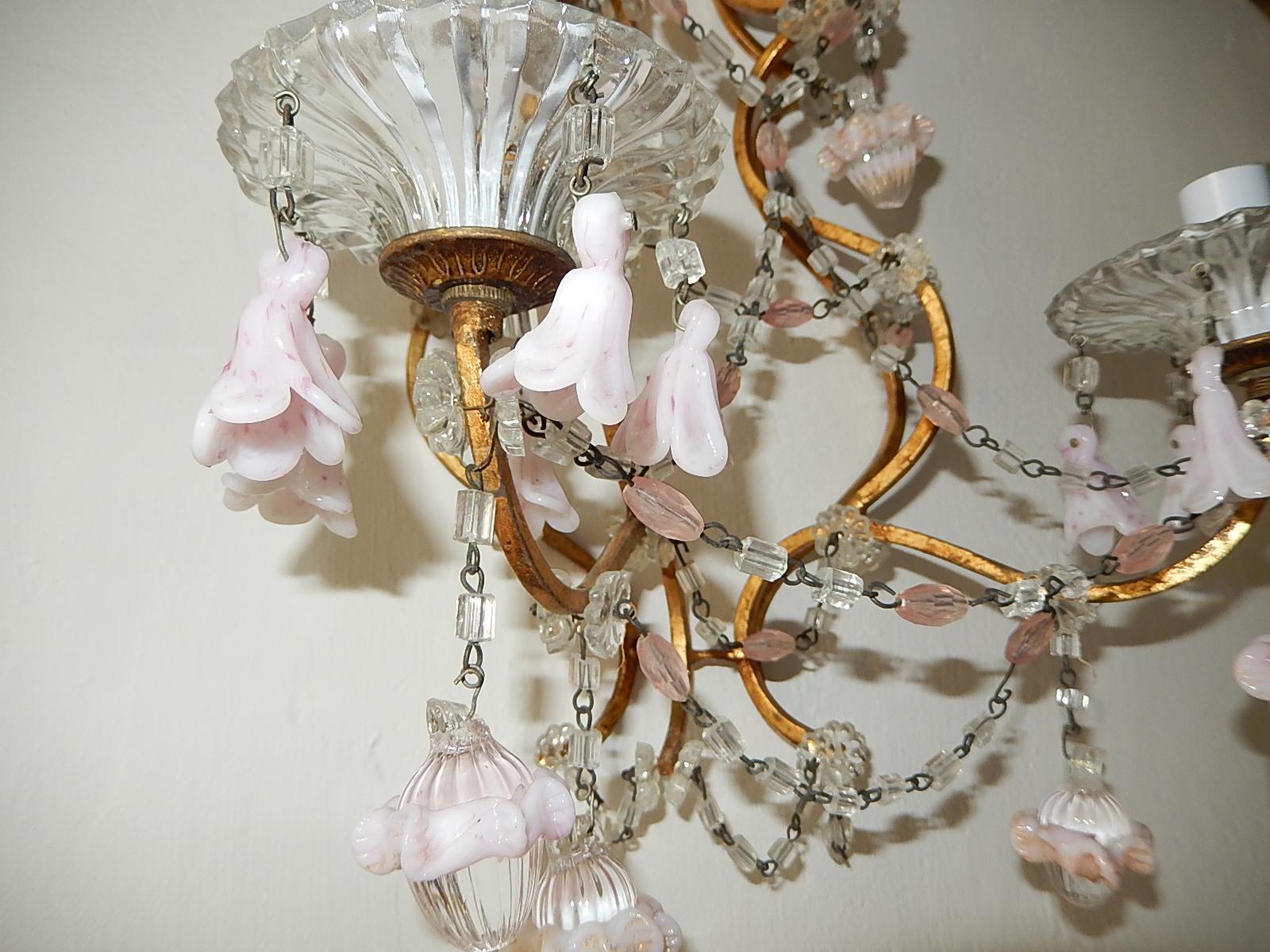 French Pink Opaline Drops with Beads and Crystal Sconces 1