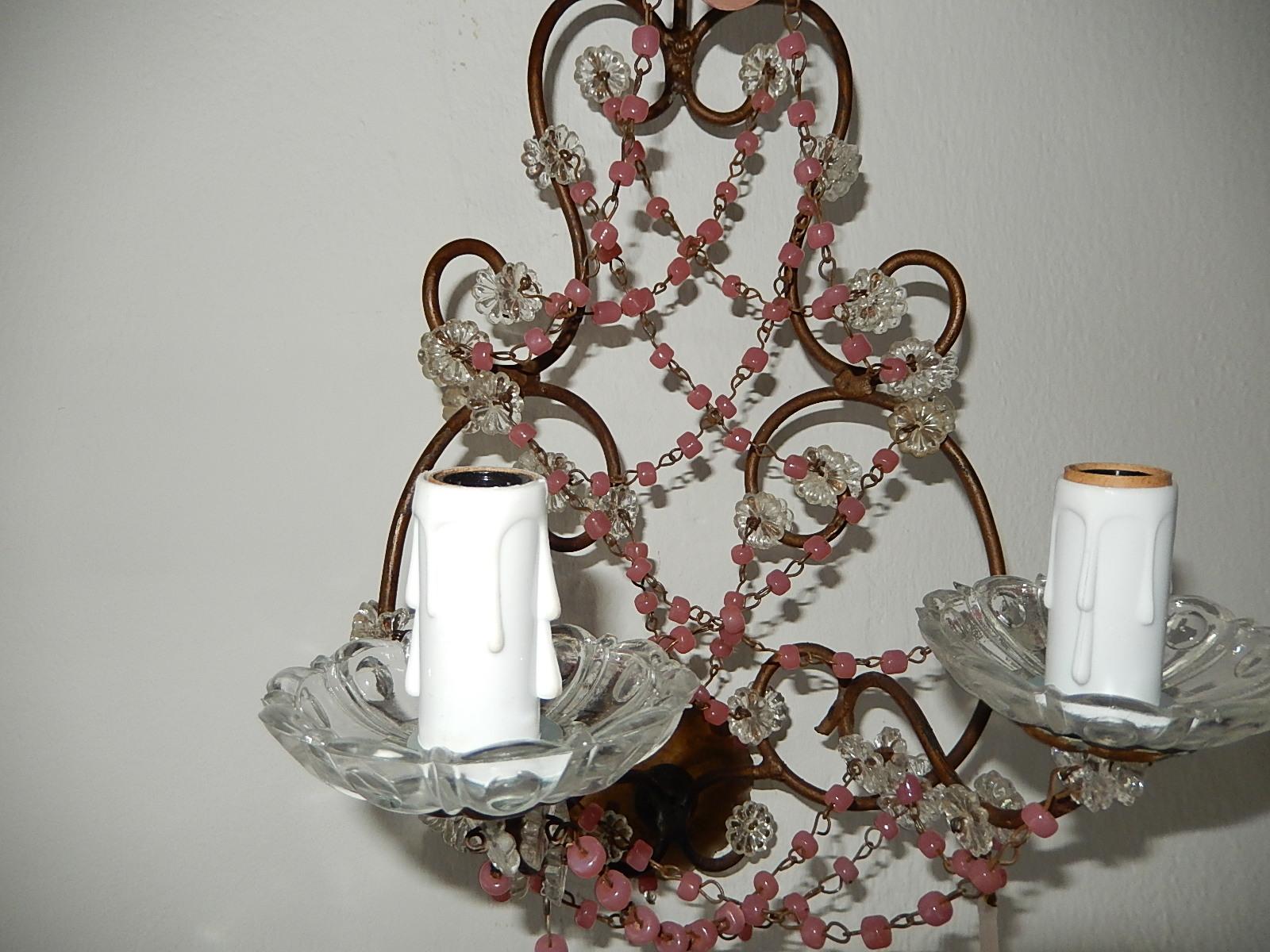 French Pink Opaline Drops with Beads and Crystal Sconces For Sale 2