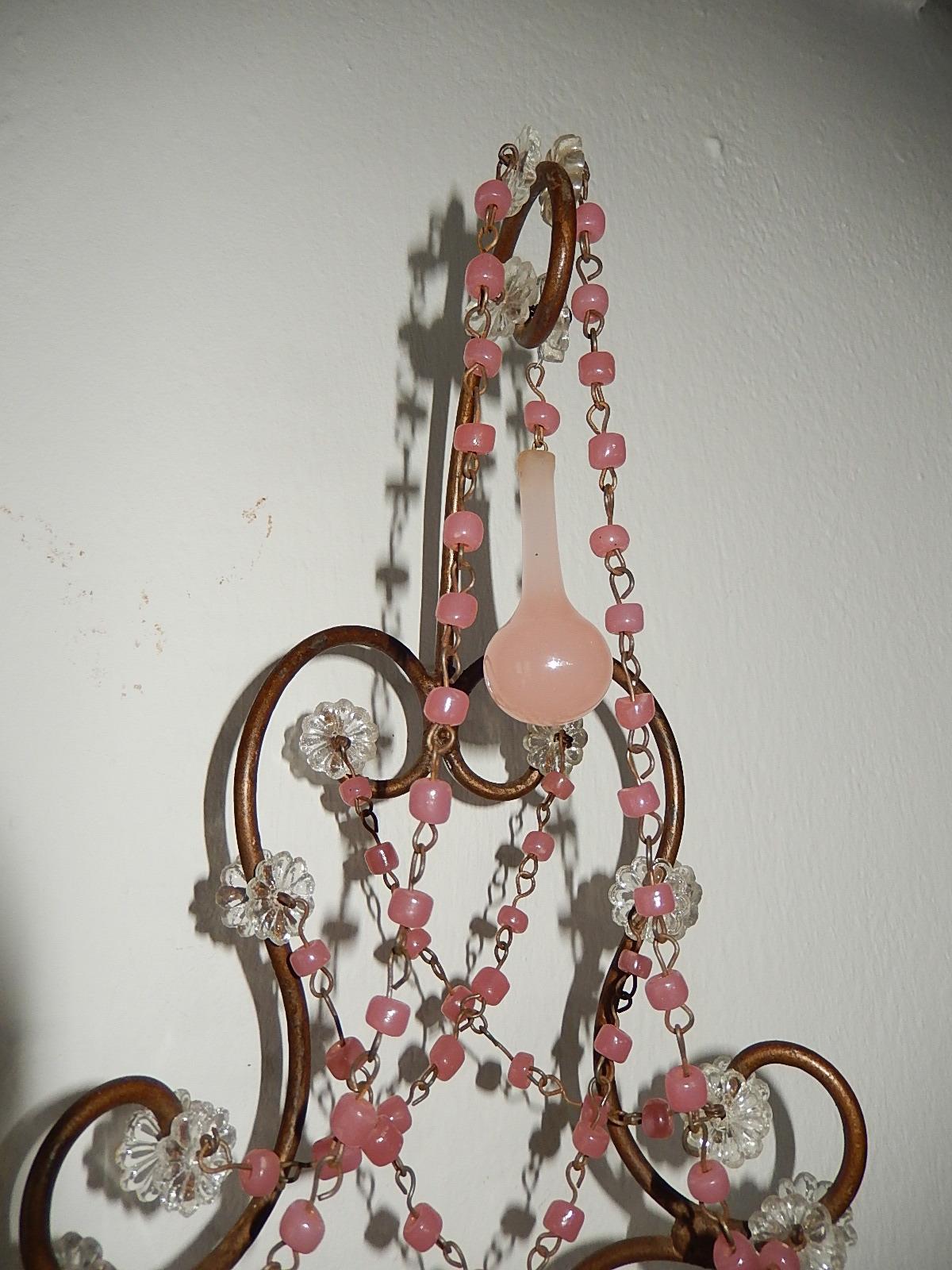 French Pink Opaline Drops with Beads and Crystal Sconces For Sale 3
