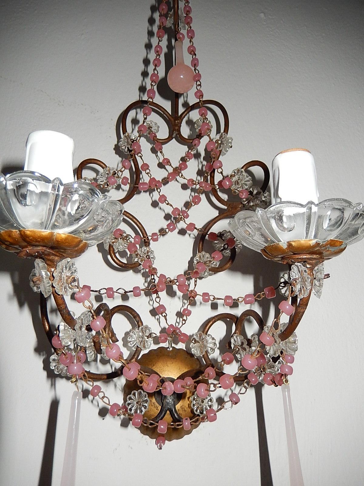 French Pink Opaline Drops with Beads and Crystal Sconces For Sale 4