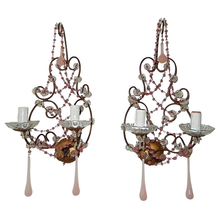 French Pink Opaline Drops with Beads and Crystal Sconces For Sale