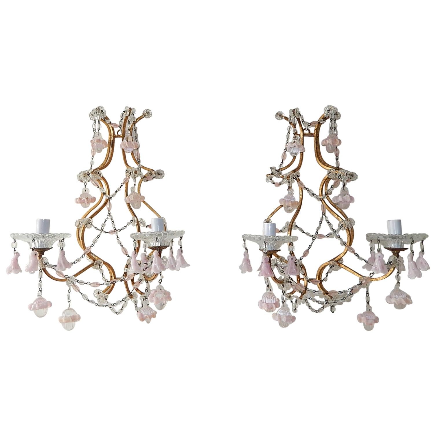 French Pink Opaline Drops with Beads and Crystal Sconces