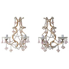 Antique French Pink Opaline Drops with Beads and Crystal Sconces