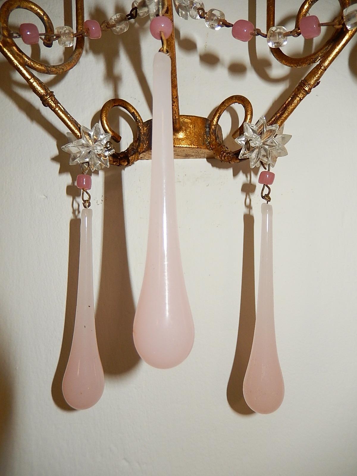 French Pink Opaline Drops with Beads and Star Crystal Sconces, 1920s 6