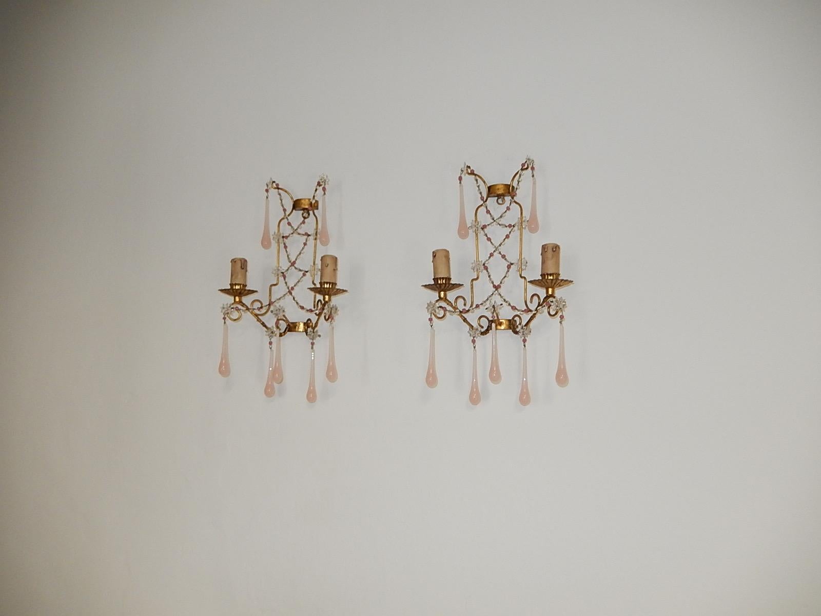 French Pink Opaline Drops with Beads and Star Crystal Sconces, 1920s 7