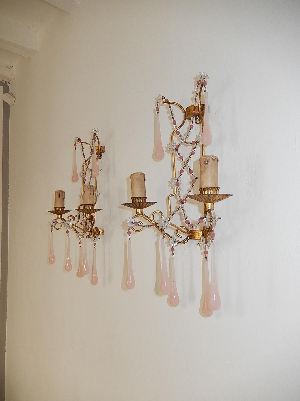 Early 20th Century French Pink Opaline Drops with Beads and Star Crystal Sconces, 1920s