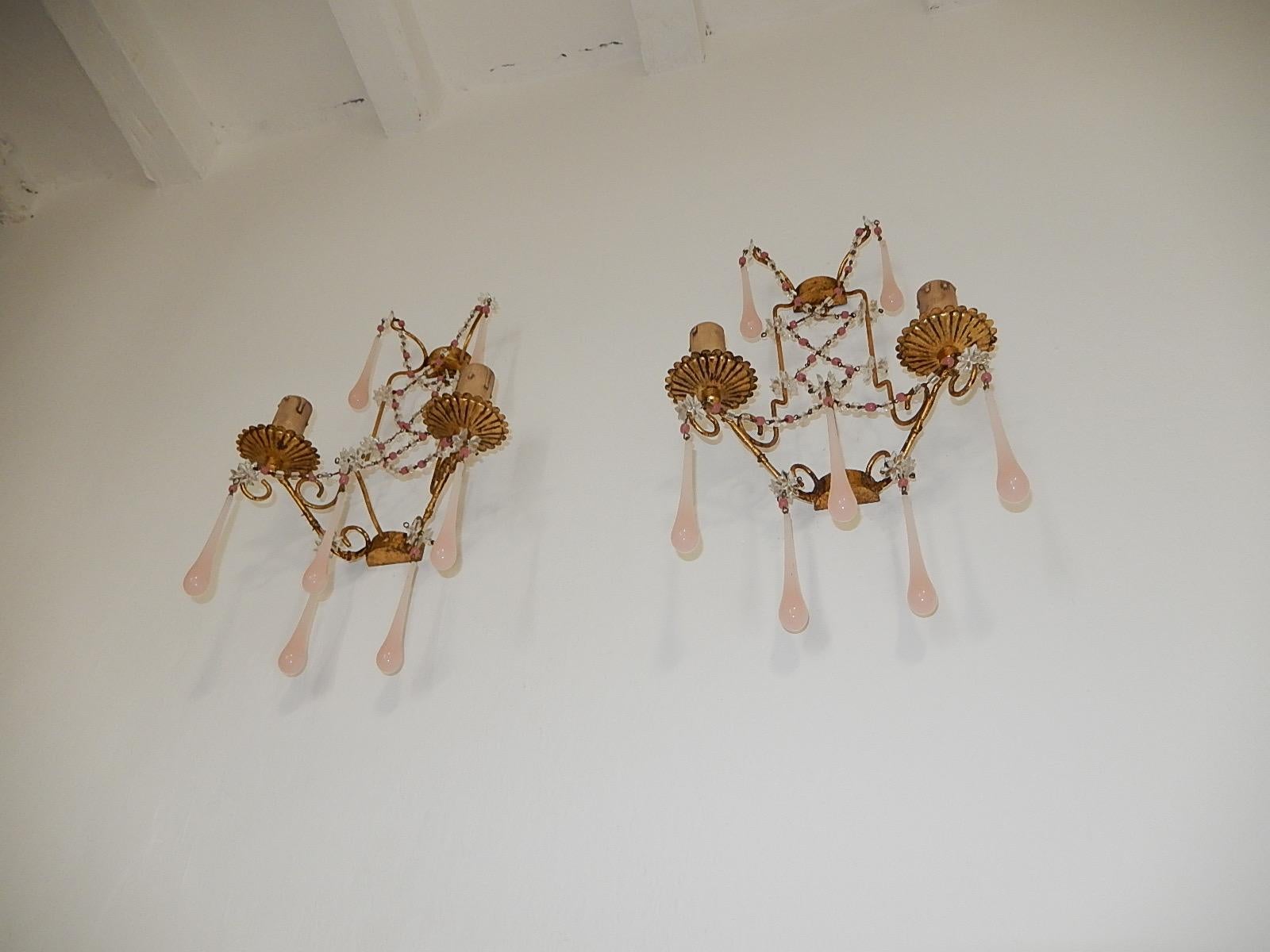French Pink Opaline Drops with Beads and Star Crystal Sconces, 1920s 1