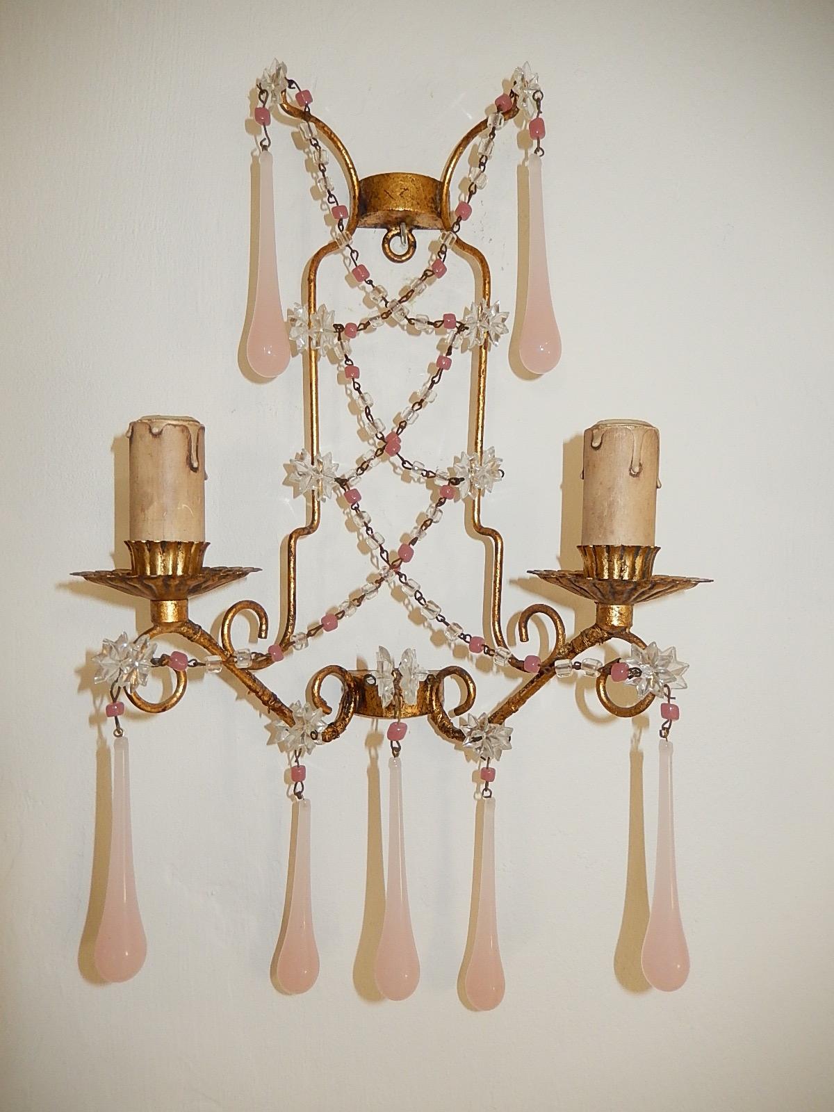 French Pink Opaline Drops with Beads and Star Crystal Sconces, 1920s 2