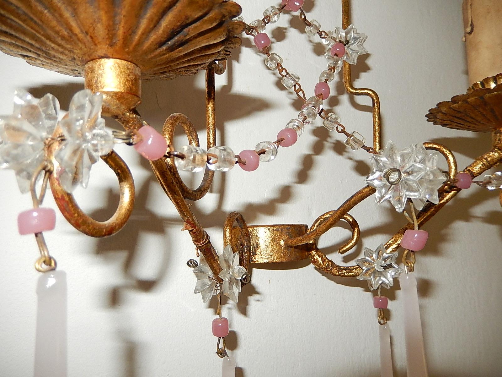 French Pink Opaline Drops with Beads and Star Crystal Sconces, 1920s 3