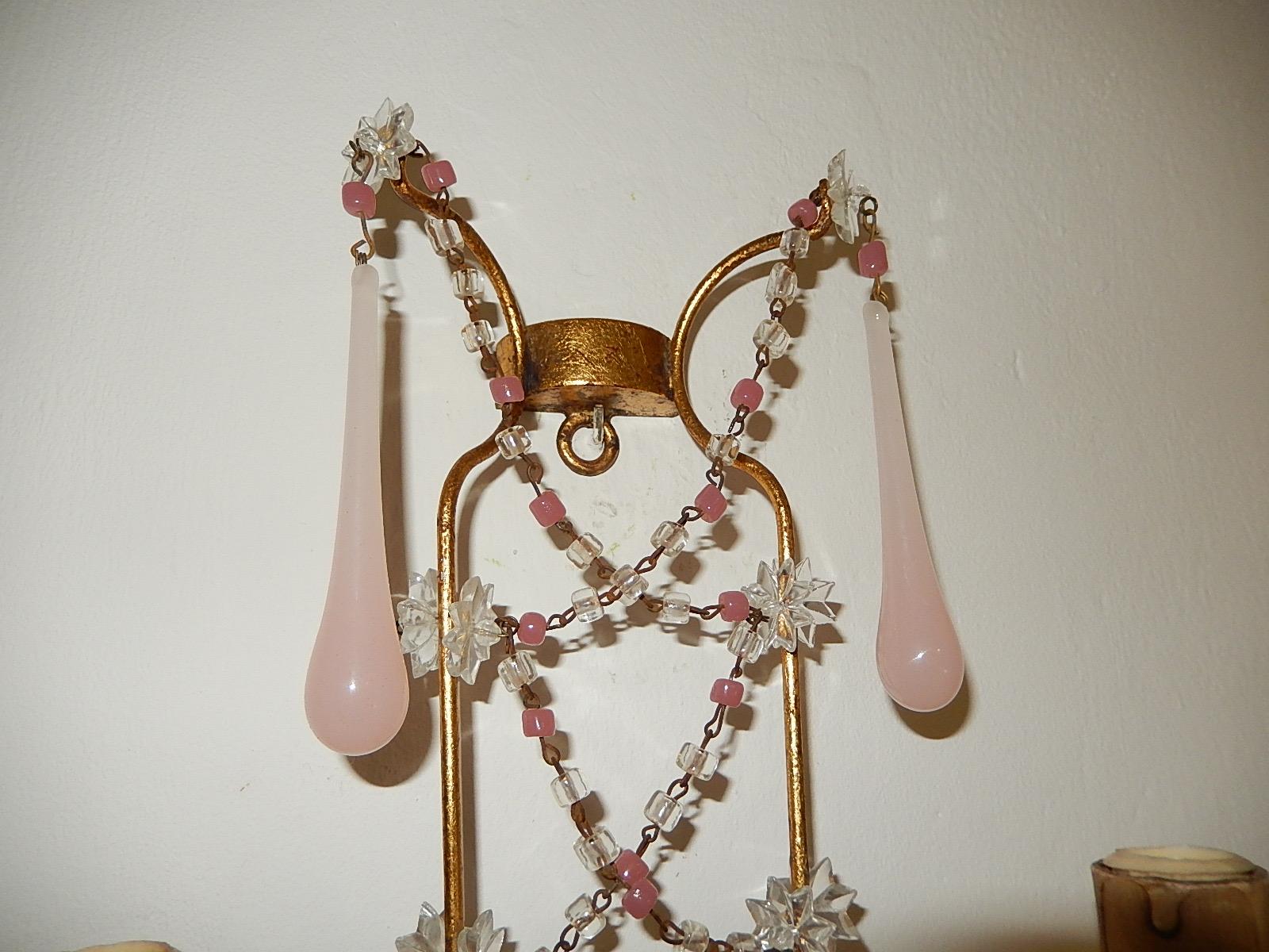 French Pink Opaline Drops with Beads and Star Crystal Sconces, 1920s 4
